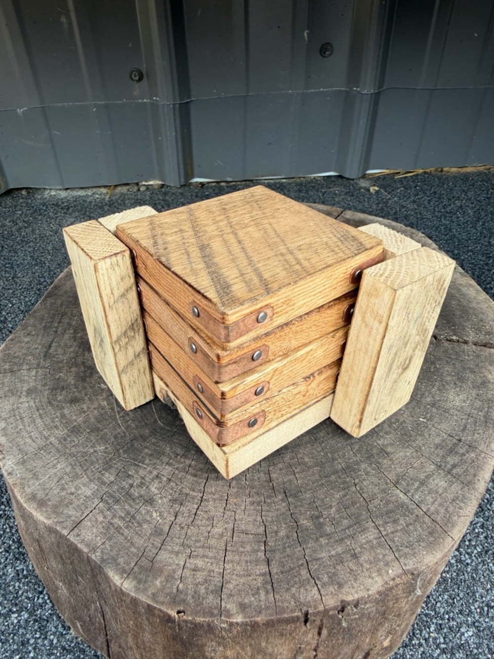 Rustic Wooden Coaster Set with Holder - Natural Brown